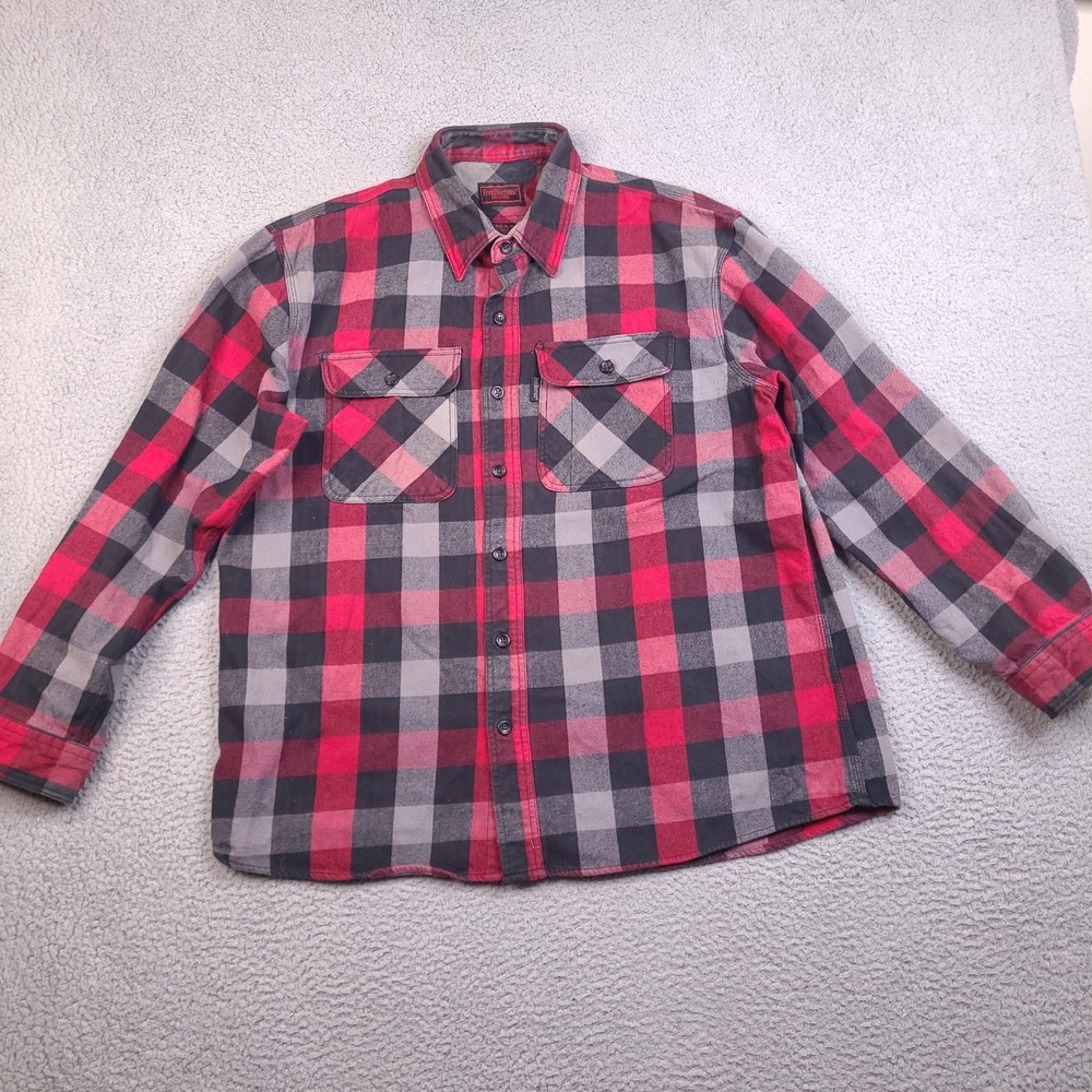 FiveBrother‎ Mens XL Red Black Grey Buffalo Plaid Flannel Button Down Work Shirt